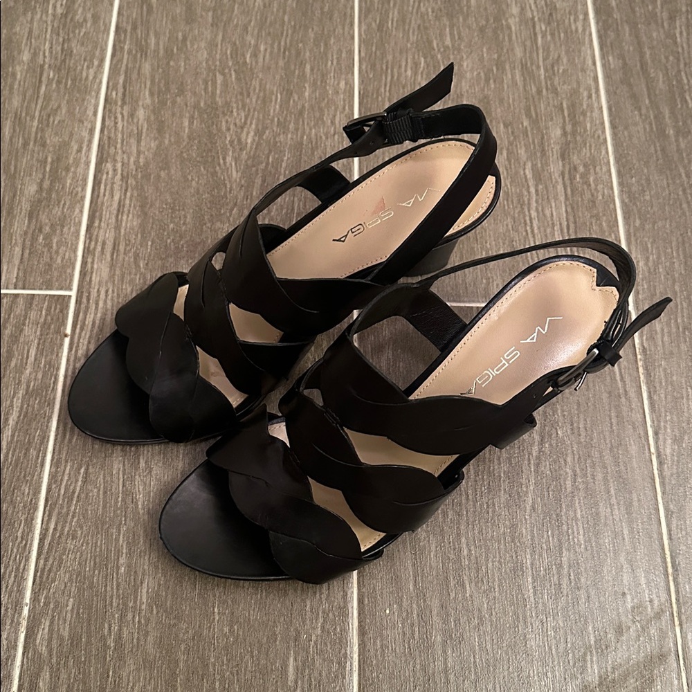 Via Spiga Black Strappy Heels Size 7.5 Designed In Italy